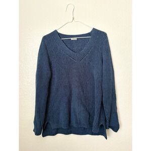 LL Bean Blue V Neck‎ Long Sleeve Knit Pullover Sweater Outdoors Classic Sz L Pet